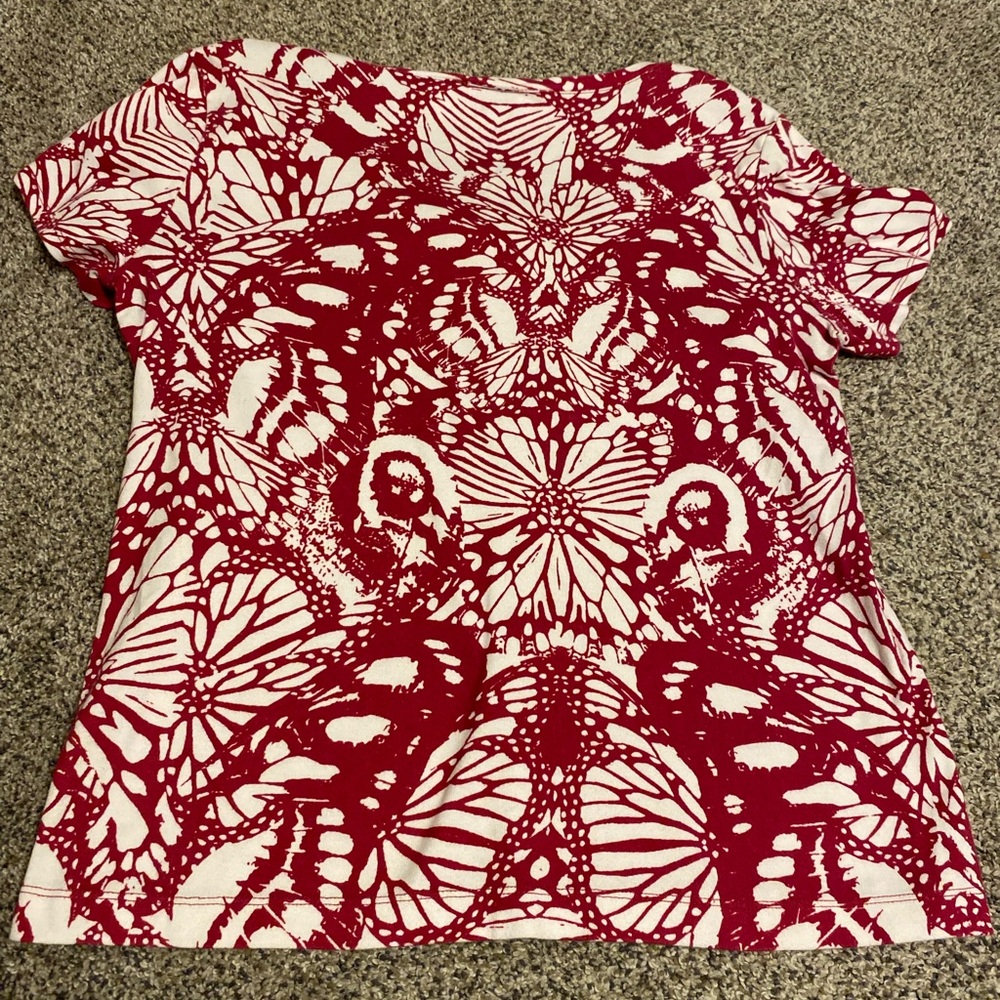 Chico's Red and White Butterfly Print Short Sleeve Top - Picture 3 of 3